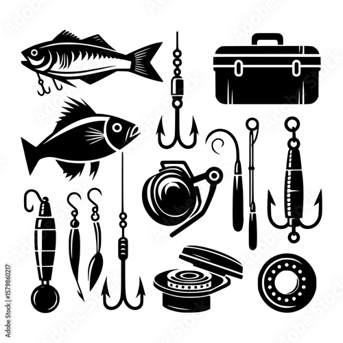 Collection of black and white fishing gear icons and silhouettes