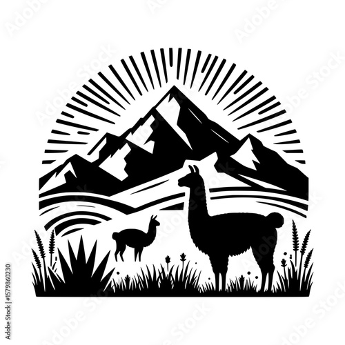 Llamas graze peacefully in a mountain landscape under a radiant sunburst