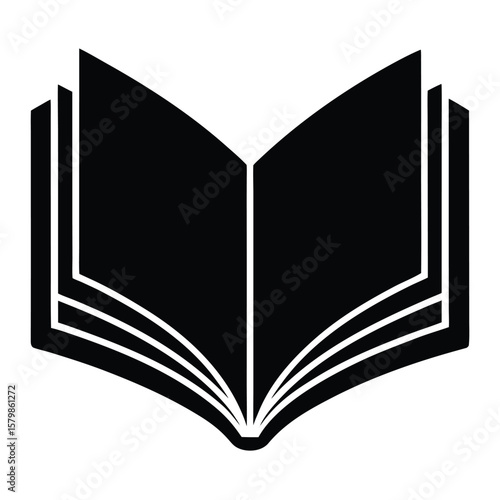 Bold Black and White Illustration of an Open Book Icon Symbol