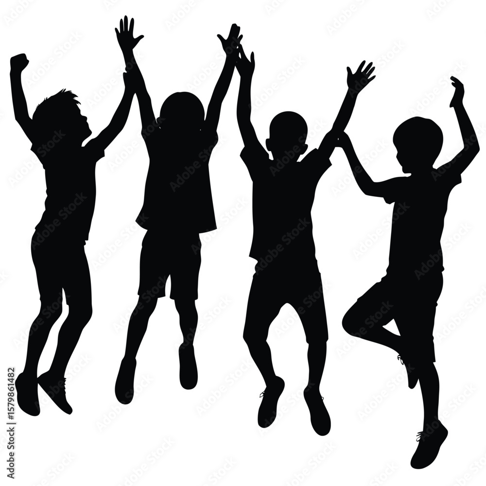 Fototapeta premium Joyful Children Silhouettes Jumping Happy Kids Celebrating, Raising Arms in the Air