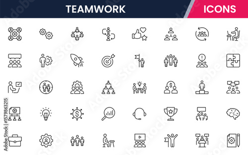Teamwork vector web line icon collection, sleek illustrations of collaboration, groups, handshakes, unity for dynamic, cooperative designs.