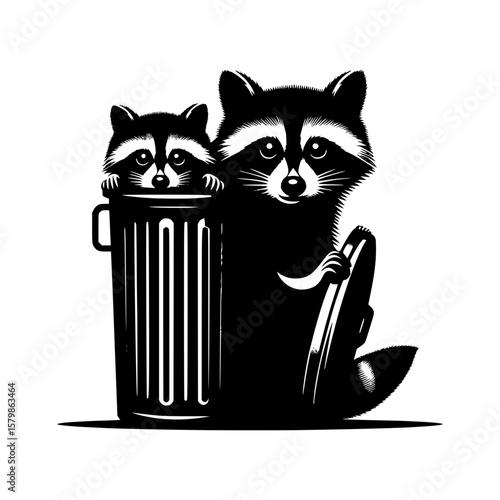 Two adorable raccoons peeking out of a trash can