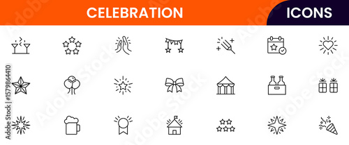 Celebration vector web line icon collection, sleek illustrations of balloons, confetti, cakes, gifts for vibrant, festive event designs.