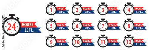 Countdown hours left from 1 to 24 hours badge set for social media post, promotion, promo offer. Color hours icon. Flat style. Isolated vector illustration.