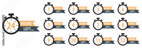 Countdown timer set from 1 to 24 hours. Color hours icon. Countdown hours left from 1 to 24 hours badge set for social media post, promotion, promo offer. Flat design. Isolated vector illustration.