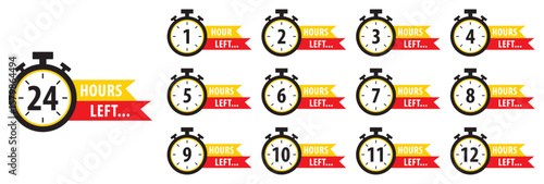 Countdown hours left from 1 to 24 hours badge set for social media post, promotion, promo offer. Countdown timer set from 1 to 24 hours. Color hours icons. Flat style. Vector illustration.