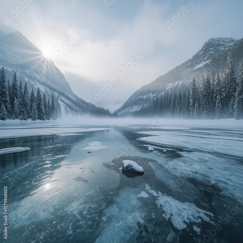 Frozen Mountain Lake Surrounded by Snowy Peaks and Pine Forests