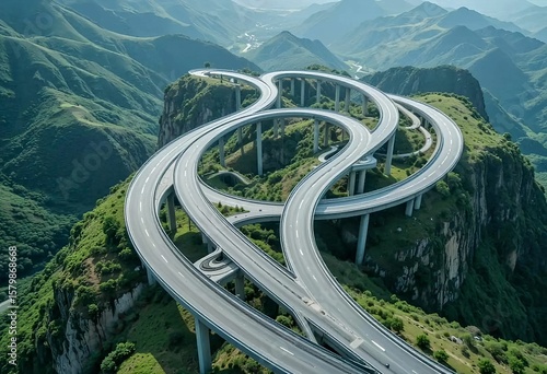 aerial view of a looping mountain road supported by pillars, winding through rugged green terrain under a soft, clear sky