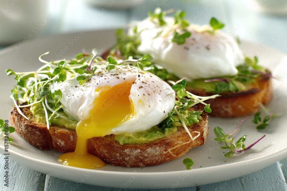Two slices of toast topped with poached eggs, avocado, and fresh microgreens, with yolk running onto the plate Two slices of toast topped with poached eggs, avocado, and fresh microgreens, with yolk running onto the plate