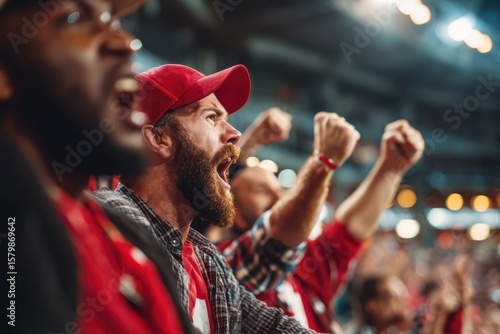 Fototapeta Naklejka Na Ścianę i Meble -  Fans passionately cheer at a sports event, wearing team colors and celebrating in a stadium filled with excitement