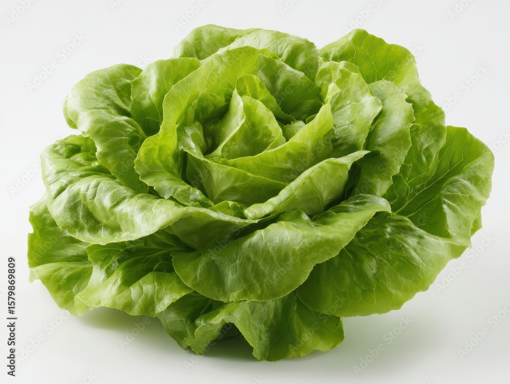 A fresh head of green butter lettuce with crisp, vibrant leaves on a plain white background A fresh head of green butter lettuce with crisp, vibrant leaves on a plain white background
