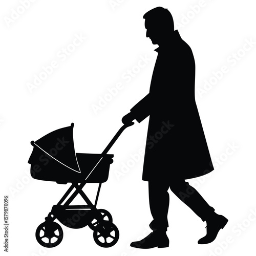 Silhouette Illustration Man Pushing a Baby Stroller in a Black Coat Outdoors