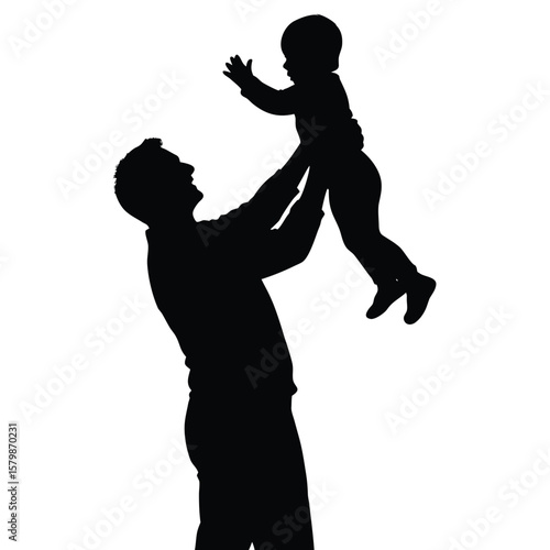 Silhouette of Father Lifting Baby Joyfully Playing Together High Up In the Air