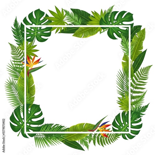 Square frame of tropical foliage with monstera leaves, ferns, banana leaves, and bird of paradise flowers.