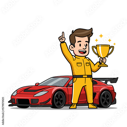 Cartoon racer in yellow suit celebrates with trophy beside sleek red sports car, finger raised in victory.