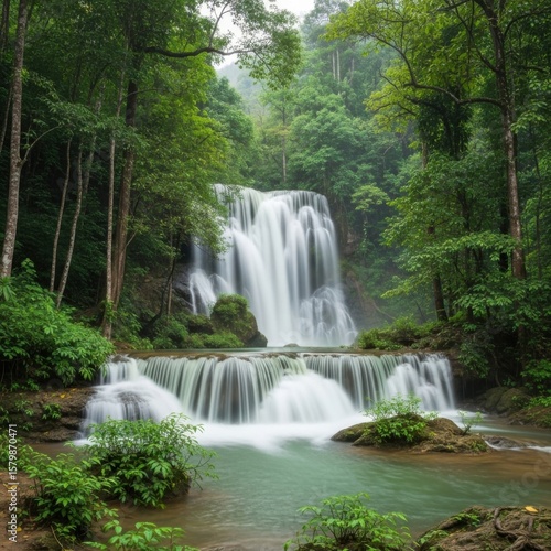 Serene cascading waterfall flowing through a lush green forest with dense foliage and trees