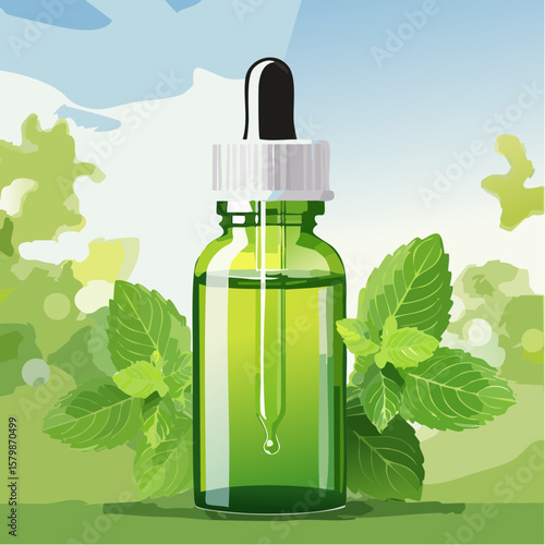 bottle of mint oil on nature background