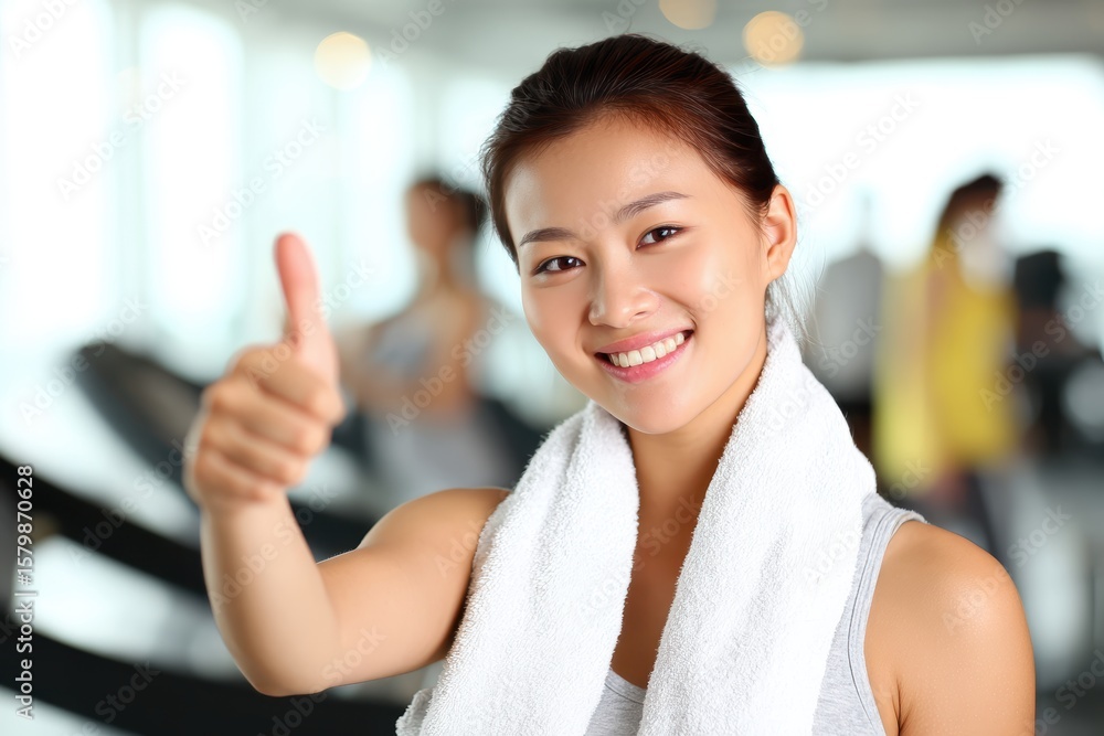Smiling woman in gym attire gives a thumbs up with a towel around her neck, standing in a bright fitness center Smiling woman in gym attire gives a thumbs up with a towel around her neck, standing in a bright fitness center
