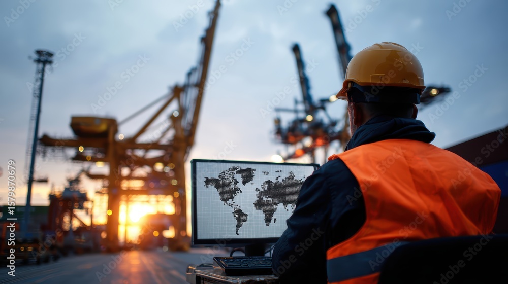 A worker in a safety vest and helmet monitors global logistics on a computer at an industrial port during sunset A worker in a safety vest and helmet monitors global logistics on a computer at an industrial port during sunset