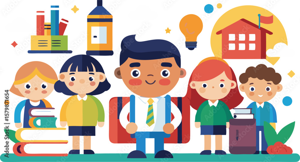 An illustration featuring diverse school children, often depicted in playful or educational scenarios, symbolizing learning, friendship, and childhood An illustration featuring diverse school children, often depicted in playful or educational scenarios, symbolizing learning, friendship, and childhood