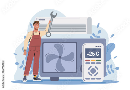 Technician holding wrench near air conditioner, fan unit, and remote control on abstract background with leaves. Concept of HVAC maintenance. Vector illustration