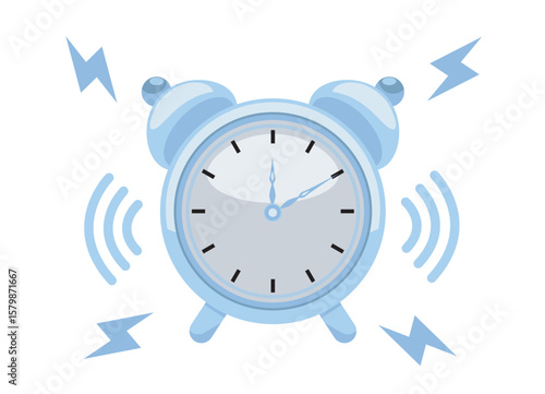Blue alarm clock ringing with motion lines and lightning bolts, flat graphic style, isolated on white background. Concept of time, urgency, and waking up. Vector illustration