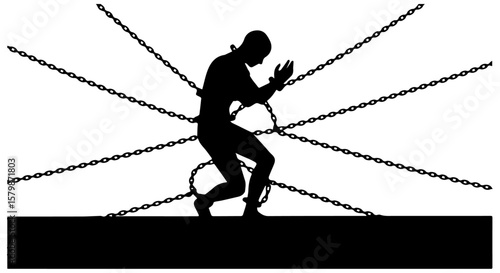 Vector art of a silhouette of a chained man struggling against multiple restraints isolated on transparent background