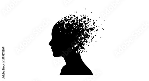 Vector art of silhouette of a womans head dissolving into particles isolated on transparent background