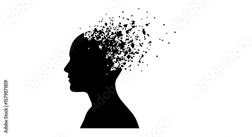 Vector art of silhouette of a womans head dissolving into particles isolated on transparent background