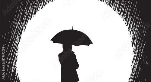 Vector art of person with umbrella in rain isolated on transparent background