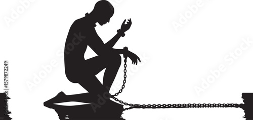 Vector art of a silhouette of a chained man kneeling in despair isolated on transparent background