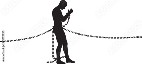 Vector art of a silhouette of a man bound by chains, standing in captivity isolated on transparent background