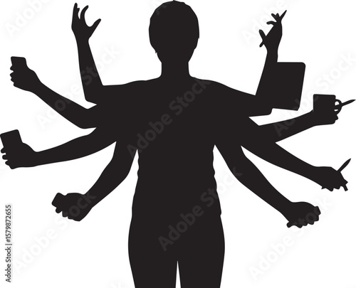 Vector art of silhouette of a person with many arms multitasking with various items isolated on transparent background