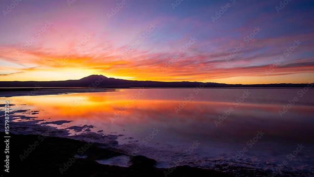 Fiery sunset over tranquil lake reflecting vibrant sky and distant mountains reflection Fiery sunset over tranquil lake reflecting vibrant sky and distant mountains reflection