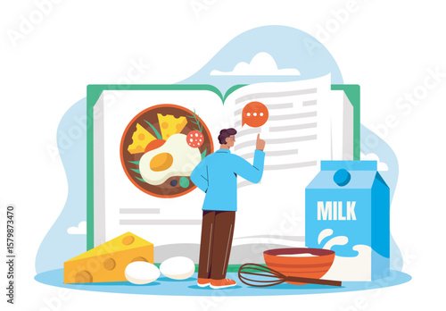 Man reading an open recipe book with food ingredients like milk, cheese, eggs, and a bowl, in flat cartoon style on a white background. Concept of cooking guide. Vector illustration