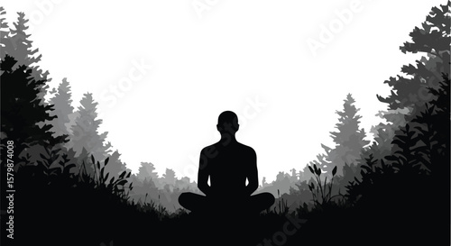 Vector art of man sitting in lotus position in forest isolated on transparent background