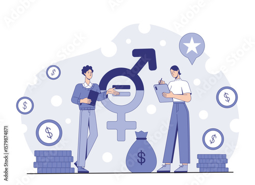 Man and woman discussing finances with gender equality symbol, flat graphic style, on abstract light background. Concept of equal pay and workplace fairness. Vector illustration