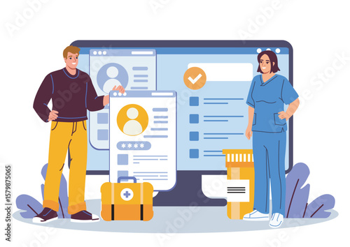Male patient and female doctor standing near large computer screen with medical data, documents, and medicine on white background. Concept of healthcare. Vector illustration
