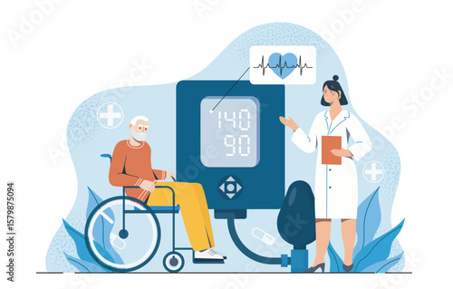 Elderly man in wheelchair getting blood pressure checked by female doctor using monitor, with medical icons on abstract blue background. Concept of healthcare. Vector illustration