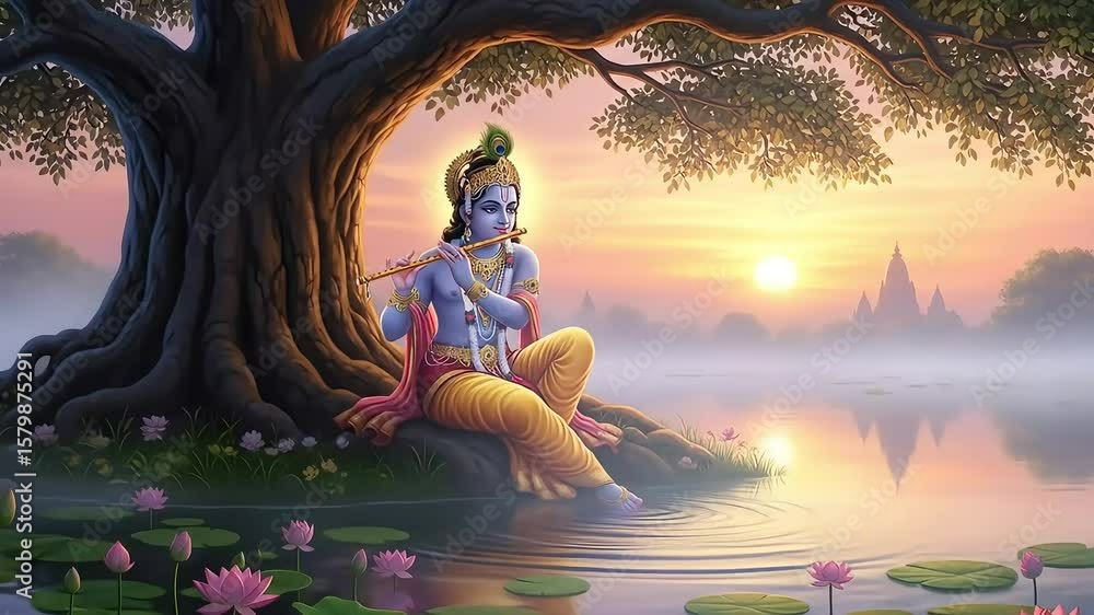 Divine janmashtami krishnas enchanting flute melody on serene pond at sunset peaceful spiritual harmony hindu deity indian god culture and tradition