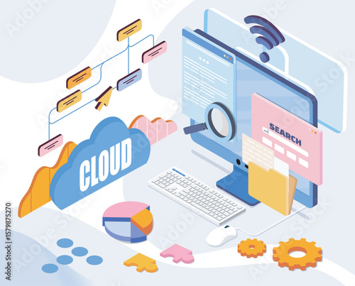 Cloud computing concept with computer, data flow chart, search bar, and pie chart elements shown in a modern isometric style on a light background. Vector illustration
