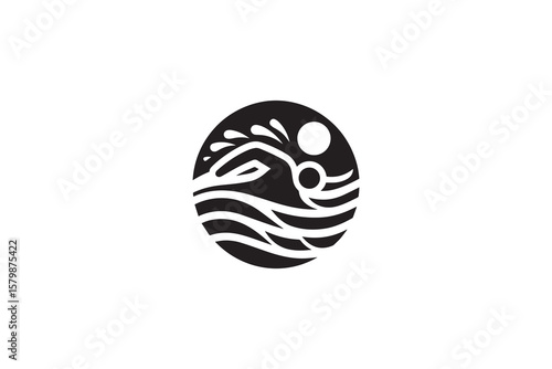 Swimmer in Water Silhouette Icon in Circle Minimalist Design for Sport or Travel Black and White Silhouette