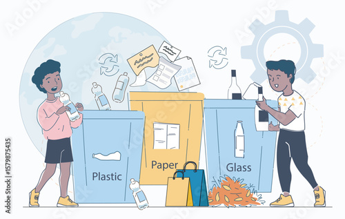 Two children properly sorting plastic, paper, and glass waste into labeled recycling bins, flat cartoon style, on a light background, concept of environmental education. Vector illustration