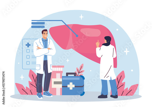 Two doctors examining a large liver diagram with medical tools, flat cartoon style, on a light blue background. Concept of liver diagnostics and healthcare. Vector illustration