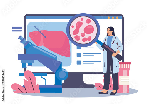 Female scientist analyzing liver cells using a magnifying glass and microscope, standing next to a monitor with liver diagram on white background. Concept of medical research. Vector illustration