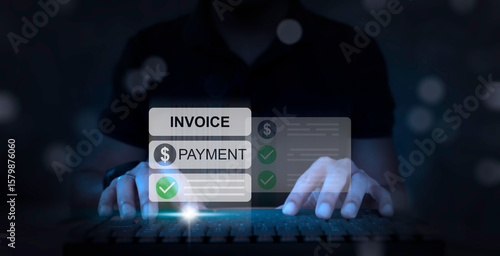 Man using laptop to manage electronic statements on virtual screen. E-tax, Digital receipt, Online invoice processing and tax accounting solutions. E-Invoice and Digital billing concept.