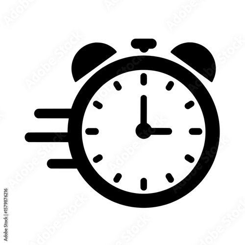  a black alarm clock with motion lines indicating speed on a white background