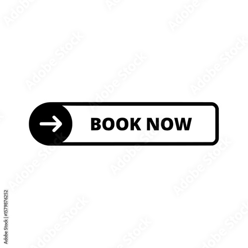 A rectangular book now button with rounded edges and a black arrow on a gray background