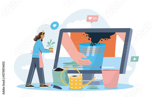 A woman holding a plant pot watches an online gardening tutorial on a computer screen, surrounded by tools and watering can, on a white background. Vector illustration
