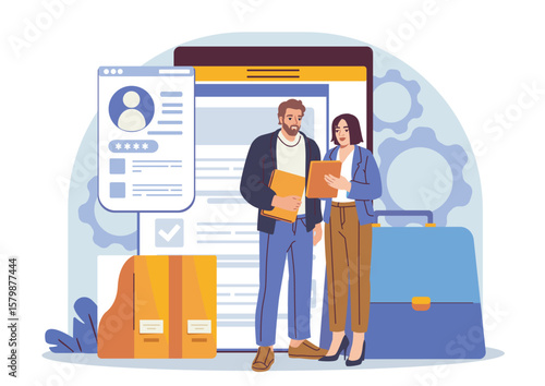 Two business professionals analyzing resumes on digital devices, modern flat style, with office elements and gear icons on a white background. Concept of recruitment. Vector illustration